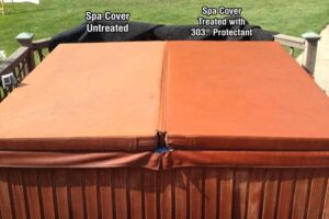 Before and after of Aerospace Protectant being used on a hot tub cover